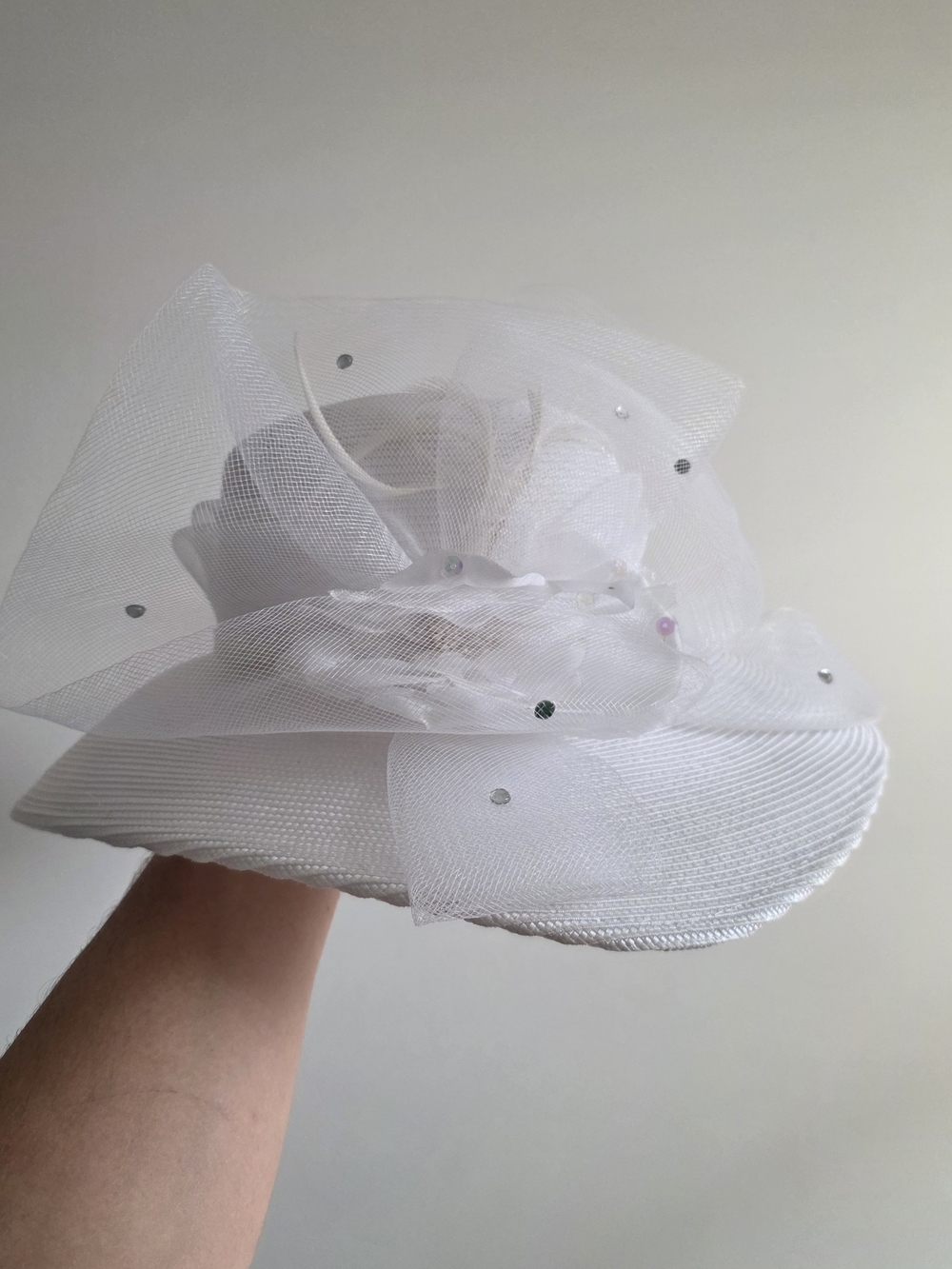 White Women's Fascinator Hat with Netting and Rhinestones